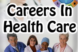 Careers in Health Care | a group of health providers stand below black text and before a white background