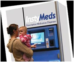 A woman holding a baby using an InstyMeds machine