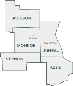 Map of the counties surrounding Tomah Health locations in Monroe and Juneau counties