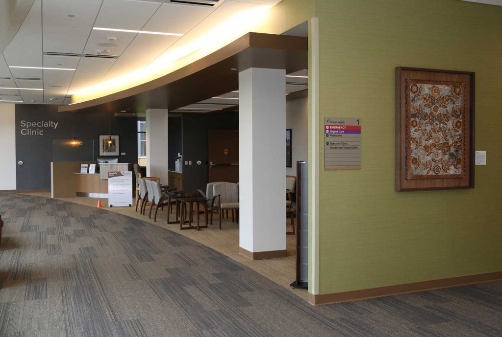 Registration station and chairs in a waiting area