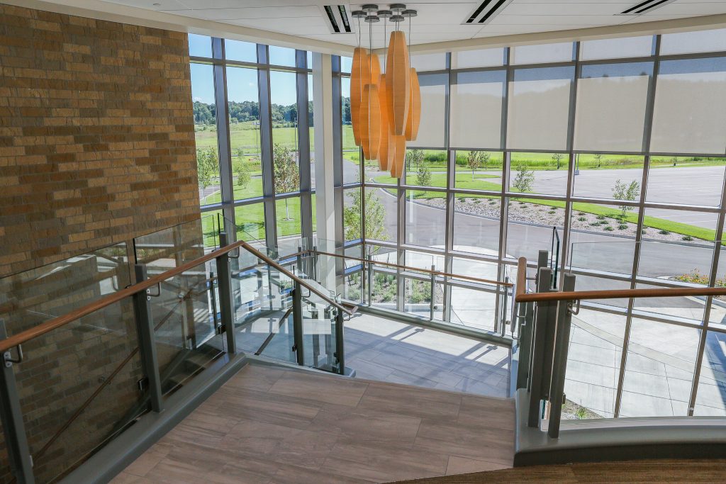 Looking down the stairs in the main atrium