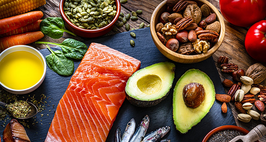 High angle view of a group of food with high levels of Omega-3 fat. The composition includes salmon, sardines, avocado, extra virgin olive oil, and various nuts and seeds like pumpkin seeds, chia seeds, pecan, almonds, pistachio, walnuts and hazelnuts.